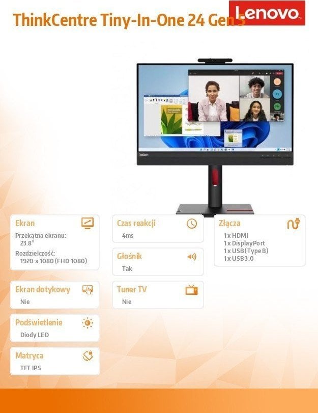 Monitor ThinkCentre Tiny-In-One 24 Gen 5, 23.8'', 1920 x 1080