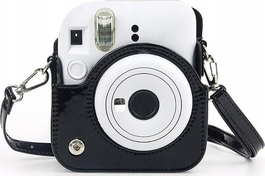 Këllëf LoveInstant për Fujifilm Instax Mini 12, lëkurë eko, me rrip, i zi me shkëlqim