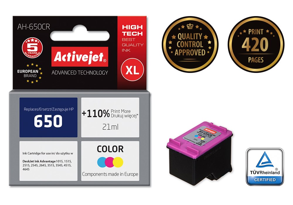 Ngjyrë për printer Activejet AH-650CR (zëvendësim për HP 650 CZ102AE), 21 ml, e kaltër / vjollcë /  e verdhë