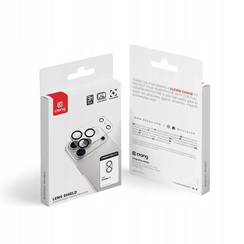 Mbrojtës kamere Crong Lens Protection për iPhone 17, xham 9H, transparent