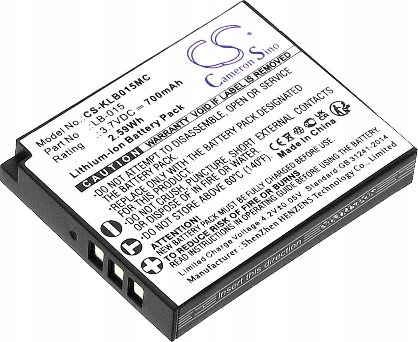 Bateri për kamera Cameron Sino për Kodak WPZ2 LB-015, 700mAh, Li ion, e zezë