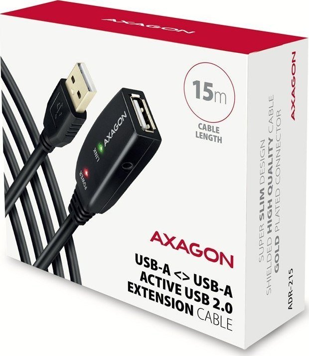 Kabllo zgjatëse USB Axagon ADR-215, USB A në USB A, 15 m, e zezë
