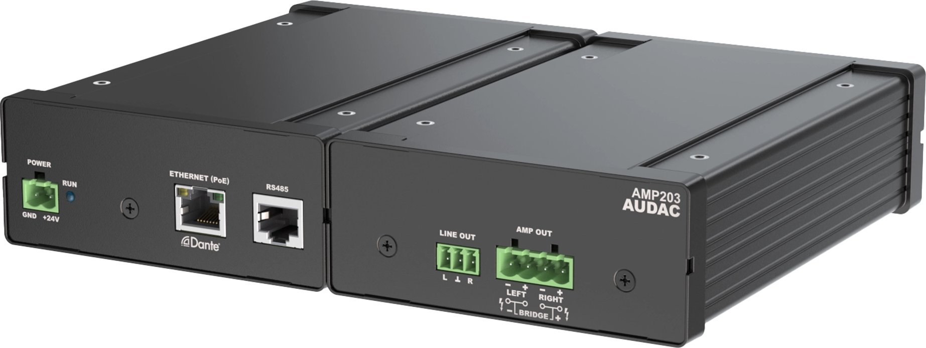 Amplifikator stereo Audac AMP203, 2 x 30W, Dante PoE, i zi