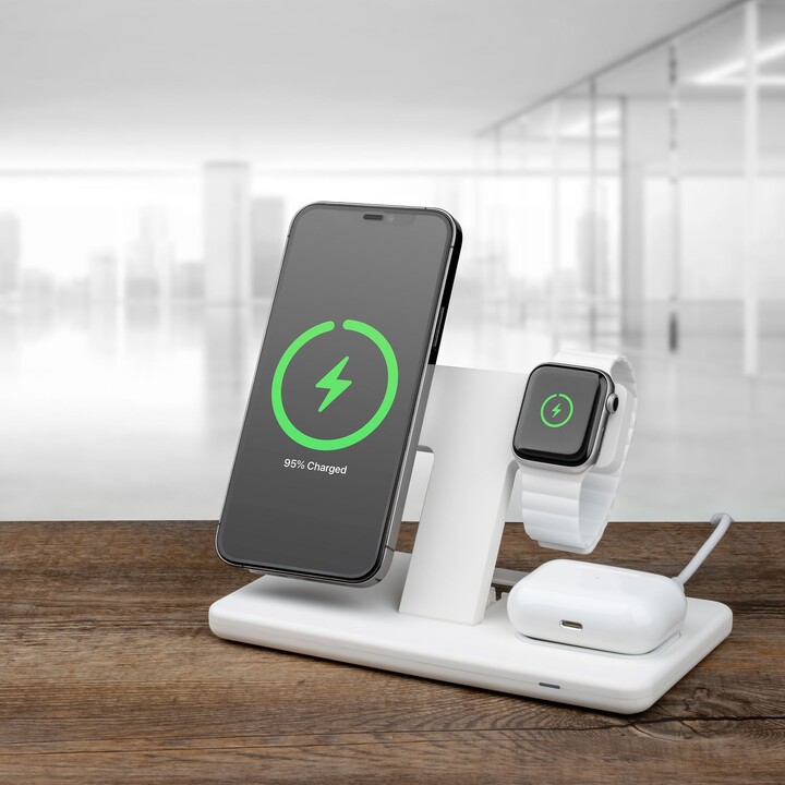 Mbajtëse karikuese FIXED MagPowerstation MagSafe 3në1, 15W + 15W + 5W, i bardhë