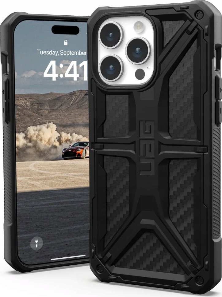 Kësja mbrojtëse UAG Monarch për iPhone 15 Pro Max, 6.7", Carbon Fiber, e zezë