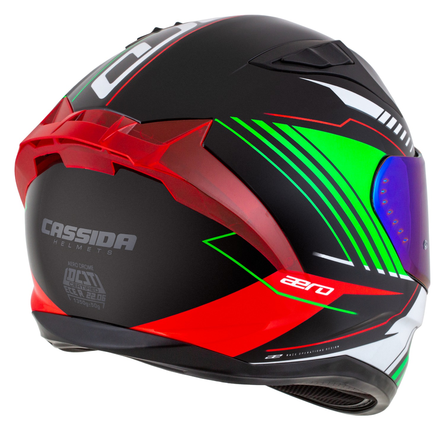 Helmetë moto CASSIDA Aero Drome 2026, integrale, polikarbonat, e zezë perlë e kuqe jeshile e bardhë