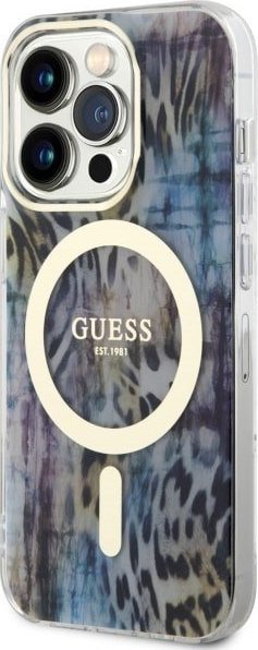 Mbulesë telefoni Guess Leopard MagSafe, iPhone 14 Pro Max, polikarbonat dhe TPU, blu