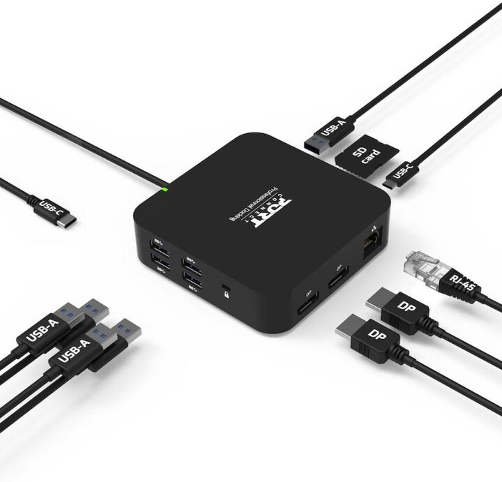 Stacion docking PORT CONNECT USB-C 10v1, 2x4K Display Port, 5x USB-A, USB-C 85W PD, Ethernet, SD