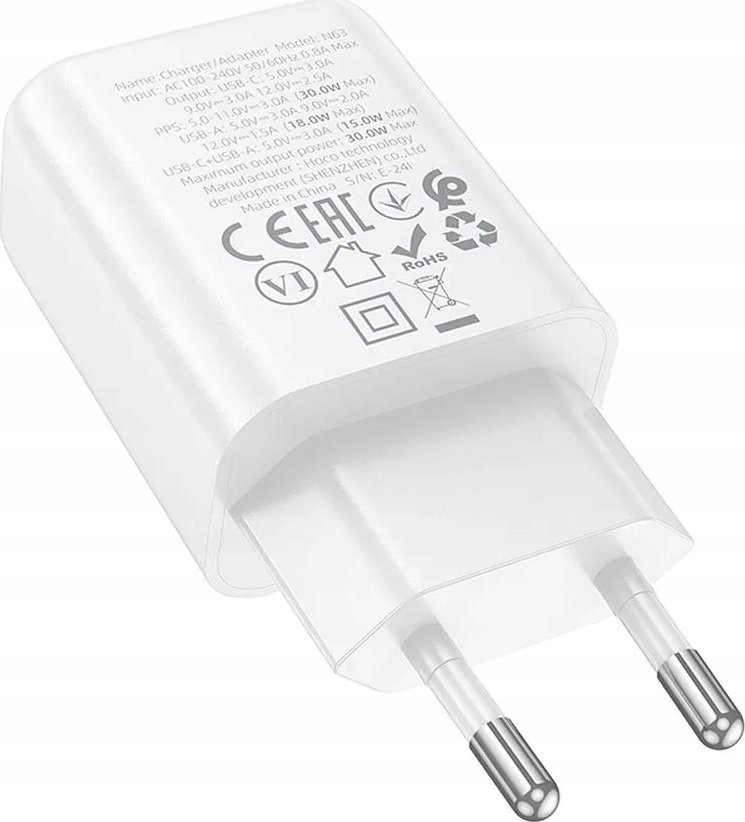 Karikues muri Hoco N63, USB A dhe USB C, 30W, i bardhë