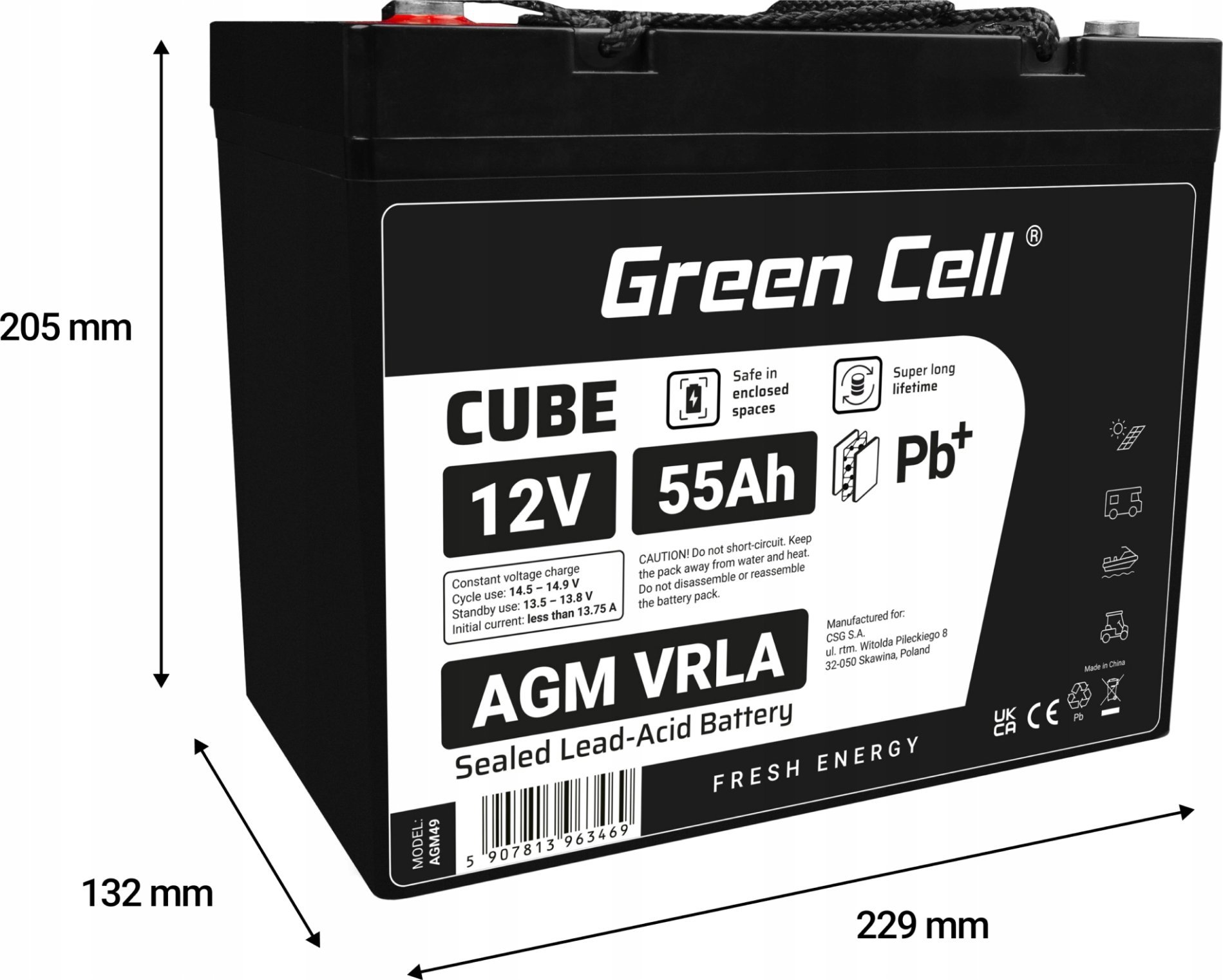 Bateri AGM Greencell 12V 55Ah, VRLA pa mirëmbajtje, IP54, e zezë