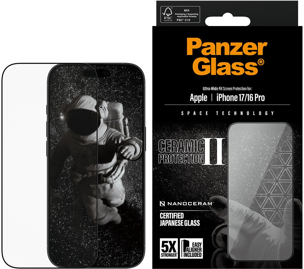 Mbrojtëse ekrani PanzerGlass Ceramic II, për iPhone 17 dhe iPhone 16 Pro, Ultra Wide Fit, transparente