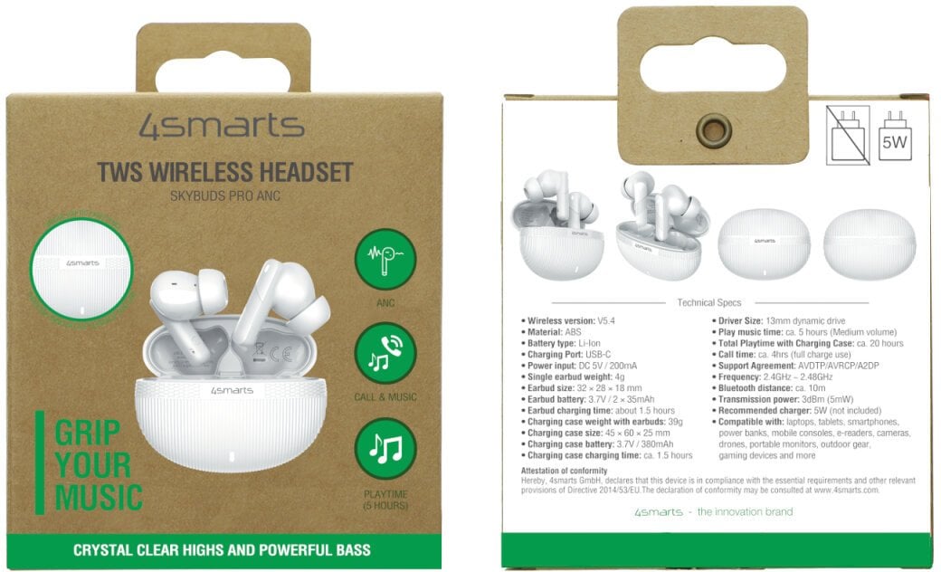 Kufje wireless 4smarts SkyBuds Pro ANC, me ANC, të bardha