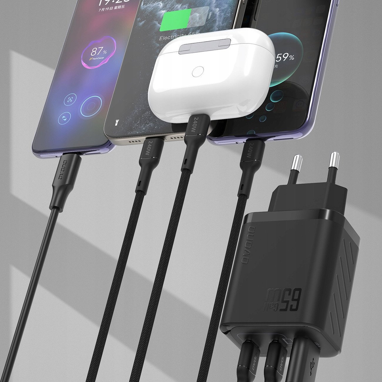 Полнач USB Dudao A29CEU, 65W GaN, 2x USB C 1x USB A, црн