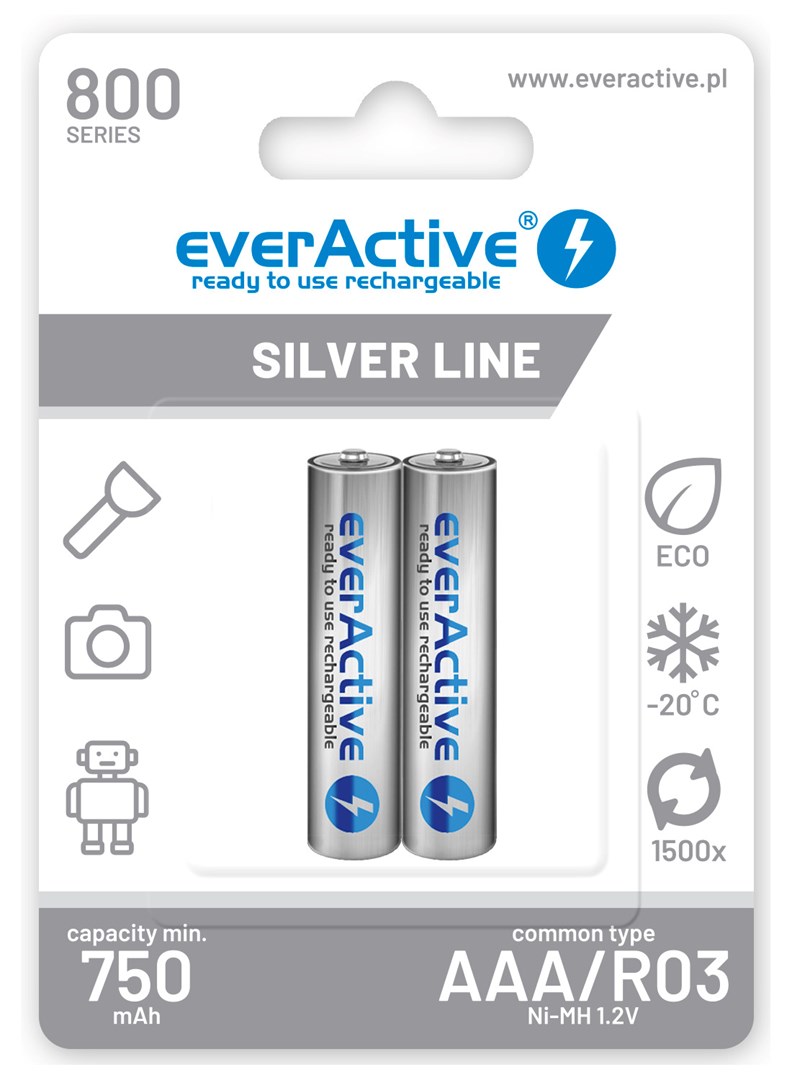 Bateri rikarikueshme EverActive Silver Line AAA R03, 750 mAh, set 2 copë, argjendtë
