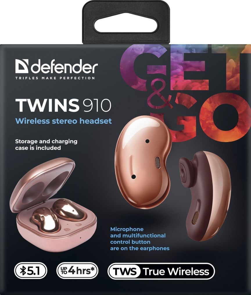 Kufje pa tel Defender Twins 910, True Wireless, kuti karikimi 300mAh, të zeza