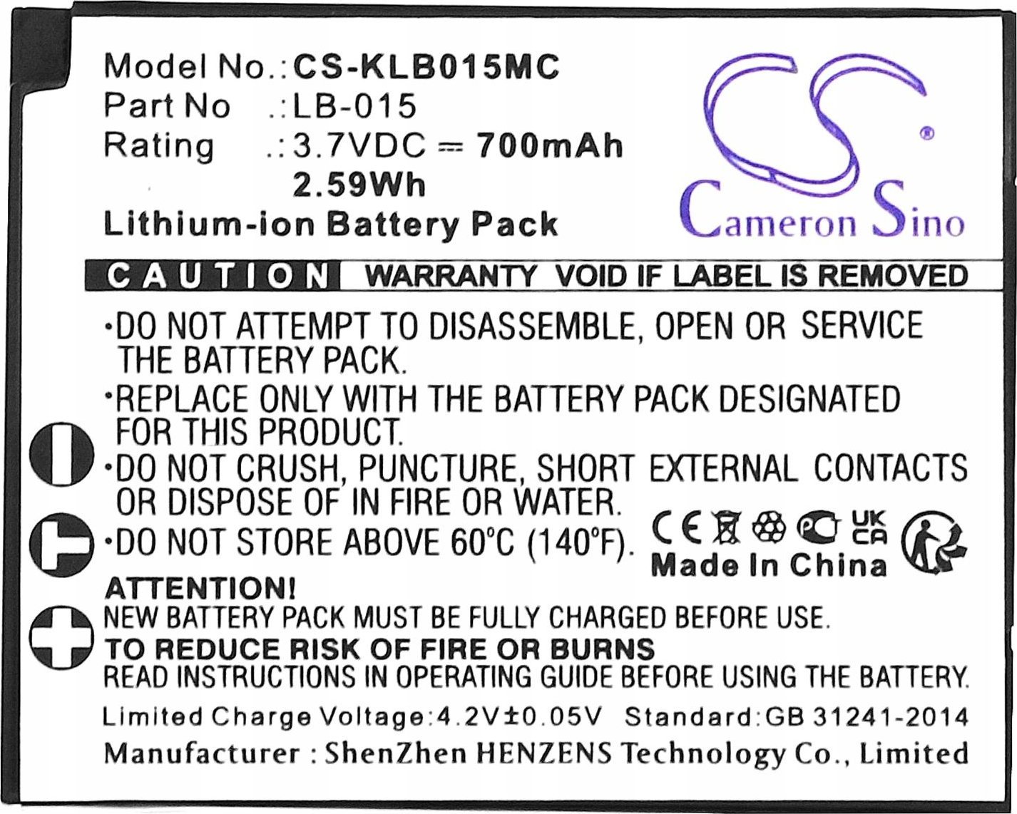 Bateri për kamera Cameron Sino për Kodak WPZ2 LB-015, 700mAh, Li ion, e zezë
