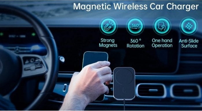 Mbajtës telefoni Swissten, magnetik, karikim wireless 15W, i zi