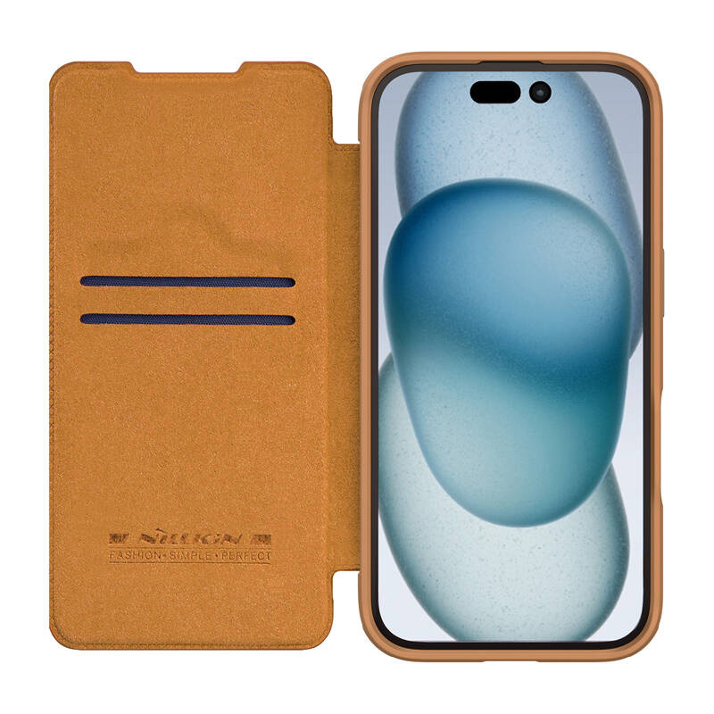 Këllëf telefoni Nillkin Qin Pro për iPhone 16, lëkurë, me kapak, kafe