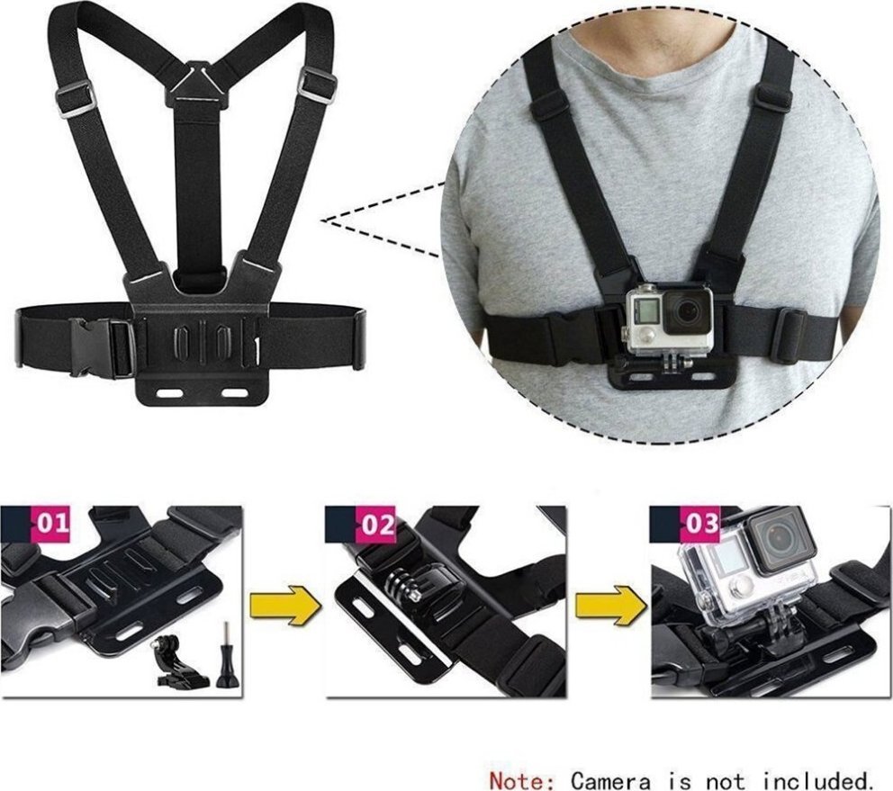 Mbajtëse gjoksi për kamera aksion, rrotullim 360°, e rregullueshme, e zezë