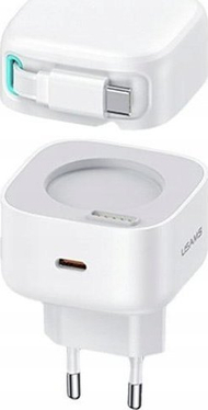 Karikues rrjeti Usams PD QC, 1xUSB-C 35W GaN, kabllo USB-C tërheqëse, i bardhë