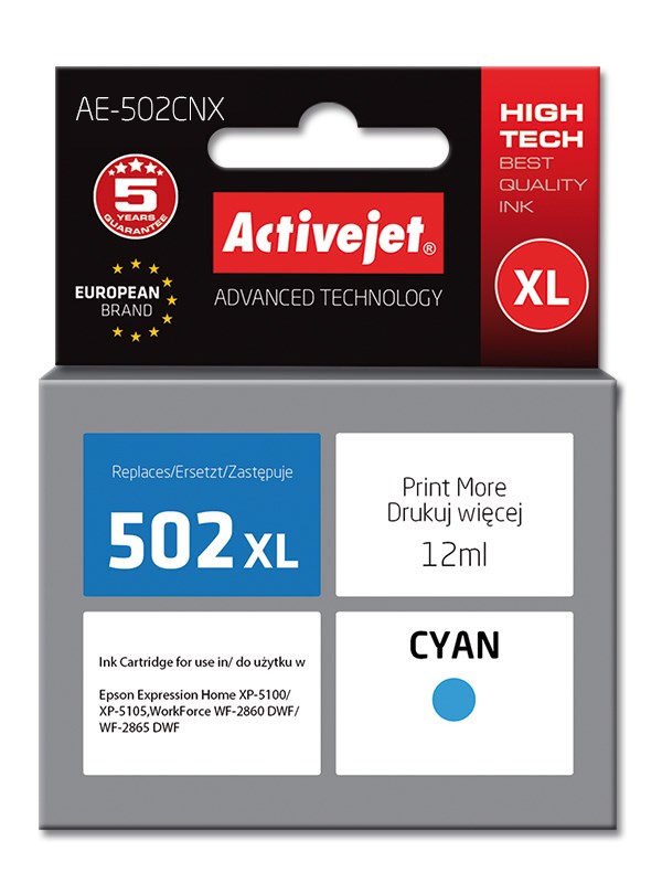 Ngjyrë për printer Activejet AE-502CNX (zëvendësim për Epson 502XL W24010), 12 ml, e kaltër