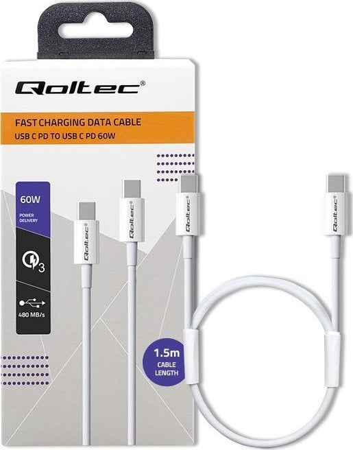 Kabllo USB Qoltec 52360 USB C në USB C, 1.5 m, USB 2.0, e bardhë