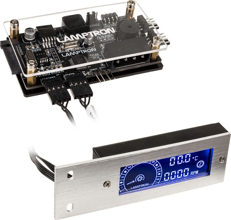Kontrollues ventilatorësh RGB Lamptron TC20 PCI, ekran LCD, telekomandë IR, argjend