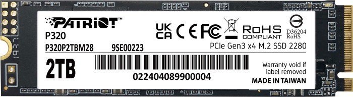 SSD i brendshëm Patriot P320, 2TB, M.2 NVMe, PCIe 3.0