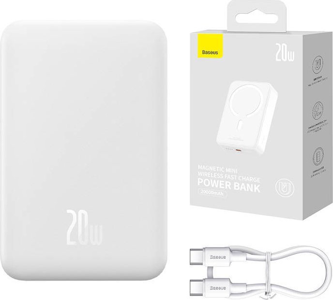 Powerbank Baseus Magnetic Mini, 20000mAh, 20W, e bardhë