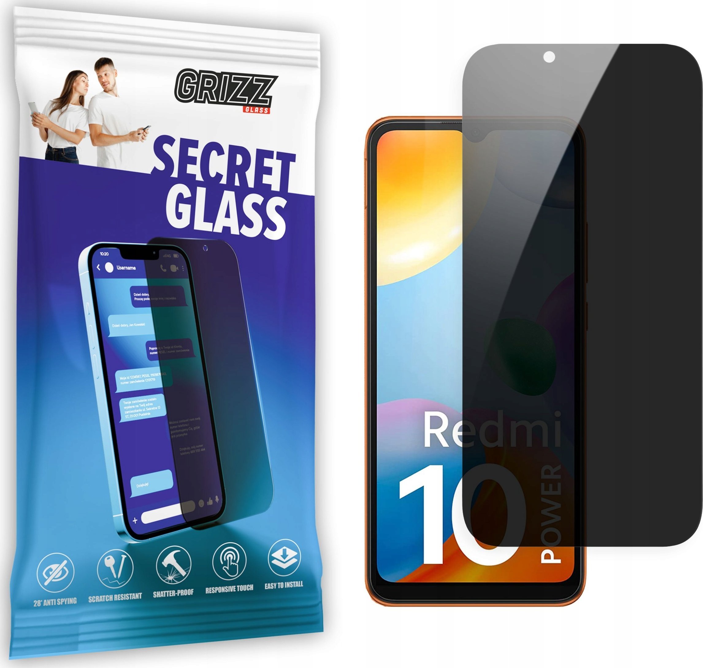 Xham mbrojtës privatësie Grizz SecretGlass për Xiaomi Redmi 10 Power, xham i temperuar, prerje precize, transparent