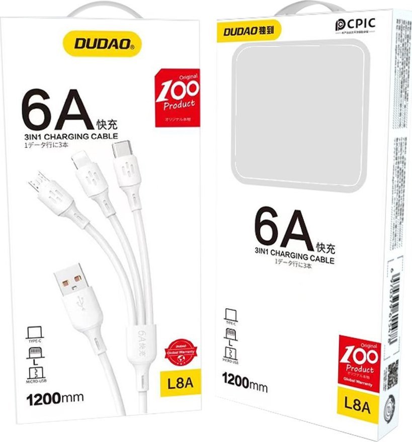 Kabllo Dudao 3në1, USB në USB-C / microUSB / USB Lightning, 1.2m, e bardhë