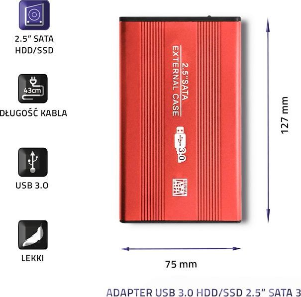 Disk xhepi Qoltec 2.5" USB 3.0 (51860). USB 3.0, 2.5 inç, alumin, i kuq