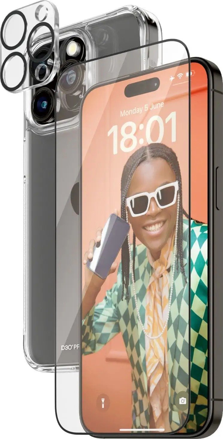 Set mbrojtës PanzerGlass për Apple iPhone 15 Pro Max, ClearCase me D3O, xham mbrojtës UWF, mbrojtës kamere transparent