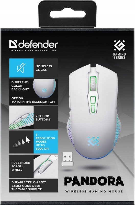 Maush gaming Defender PANDORA RF, wireless, 3200 DPI, i bardhë