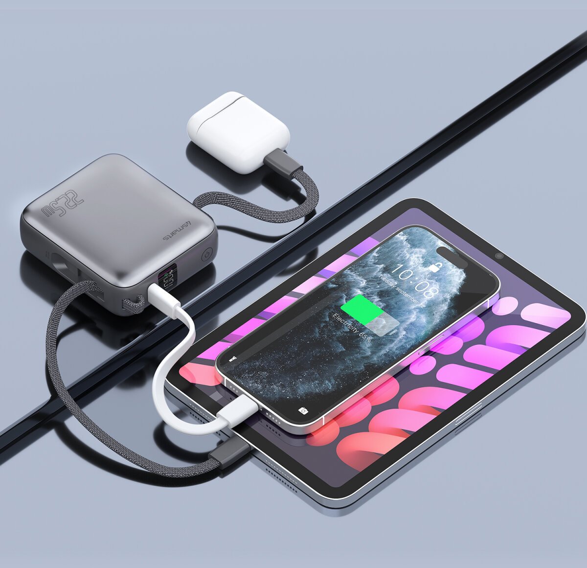 Powerbank 4smarts Pocket Dual Cord, 10000mAh, 22.5W, gri hapësinor