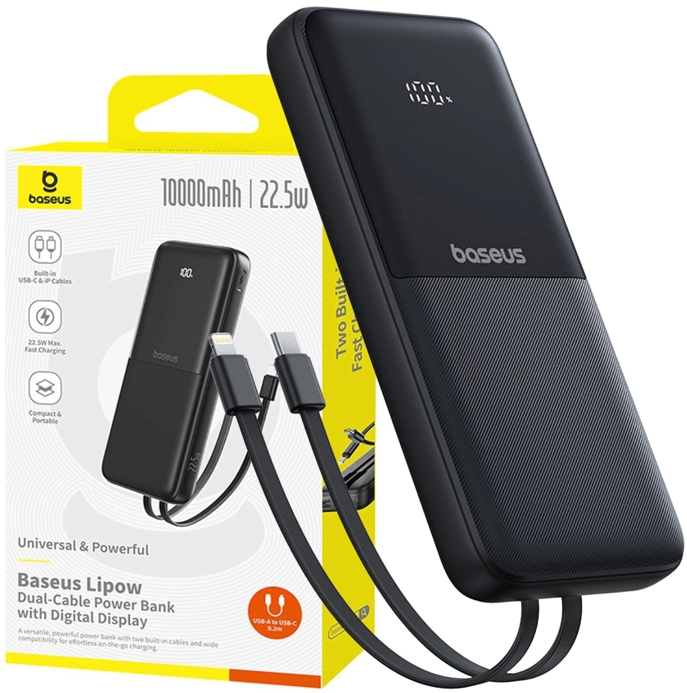 Powerbank Baseus Lipow, 10000mAh, 22.5W, me dy kabllo të integruara, me ekran, i zi