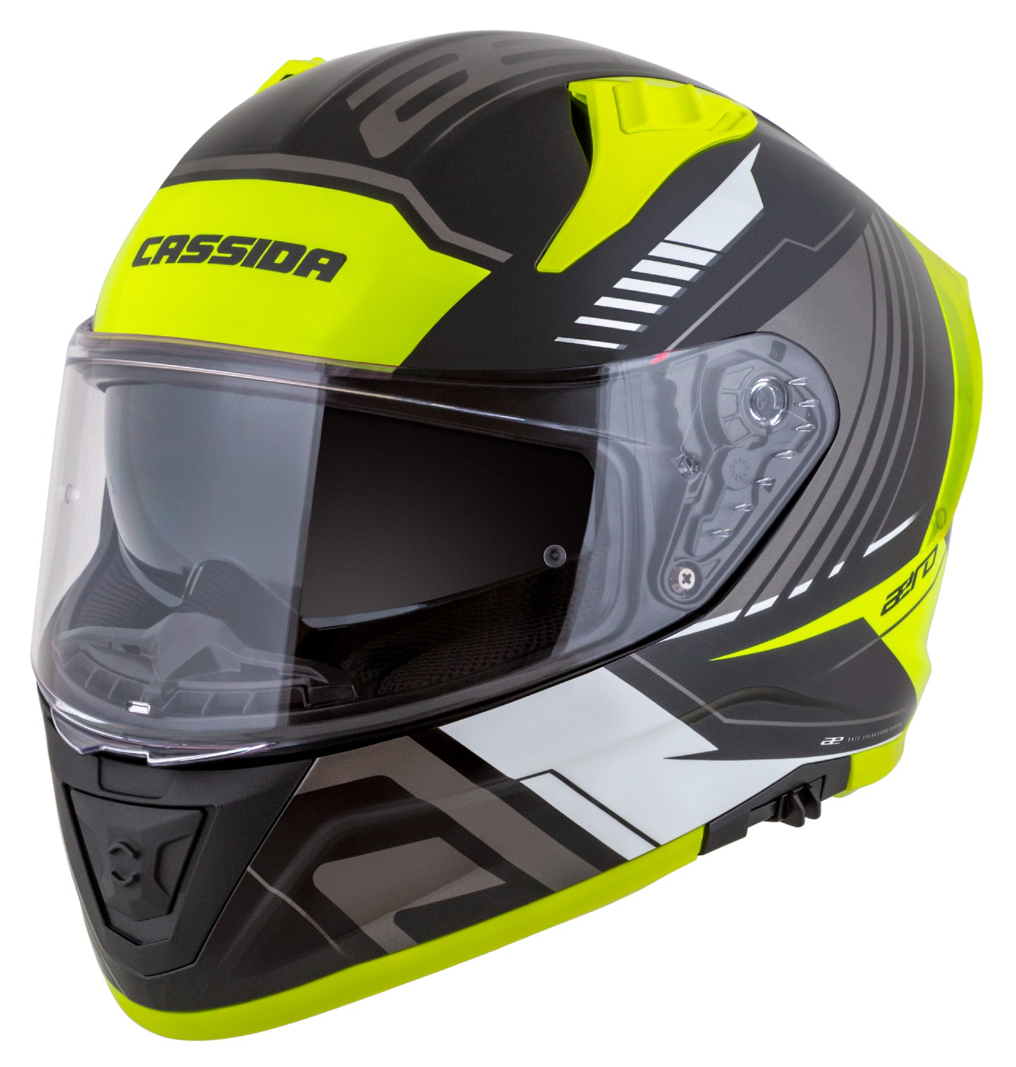 Helmetë moto CASSIDA Aero Drome, integrale, ECE 22.06, e zezë e verdhë fluo e bardhë gri