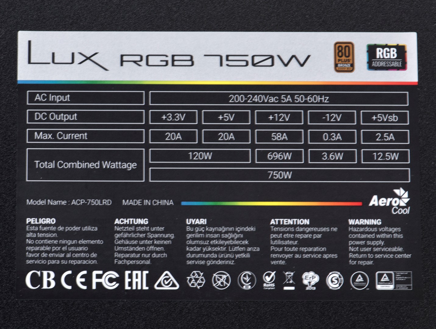 [OUTLET] Burim energjie Aerocool Lux RGB, 750W, i zi
