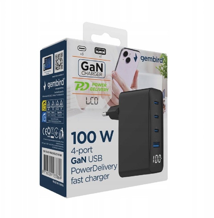 Karikues muri Gembird GaN PD, 4 porta, 100W, i zi