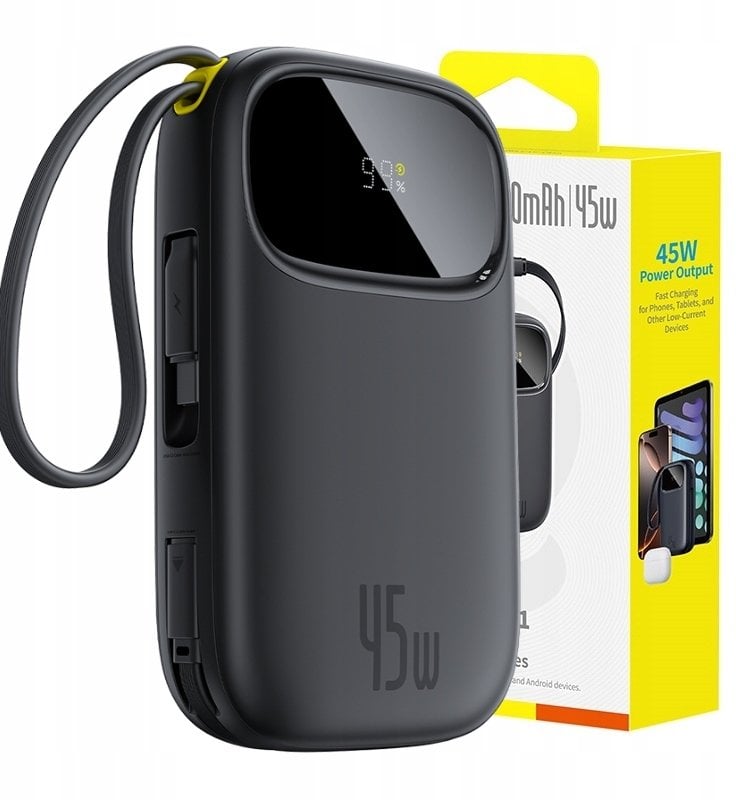 Power bank Baseus Star-Lord Digital Display, 20000mAh, 45W, me kabllo të integruar USB-C dhe Lightning, i zi