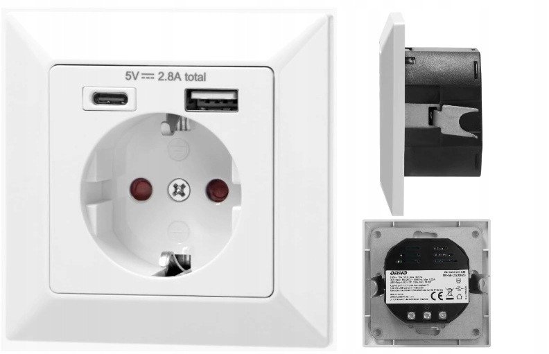 Ѕиден приклучок Orno OR-AE-13232, 2P+Z, USB-A USB-C 5V 2.8A, бел