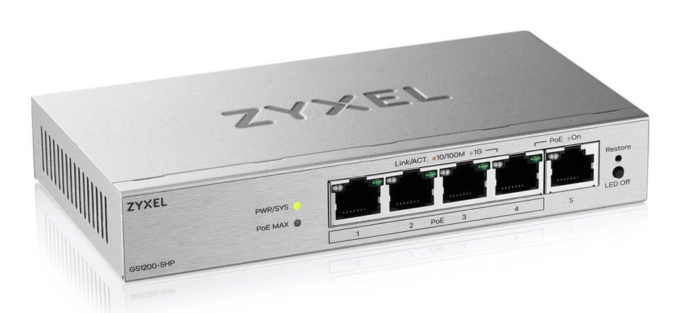 Switch rrjeti Zyxel GS1200-5HPv3, 5 porta Gigabit, PoE, gri