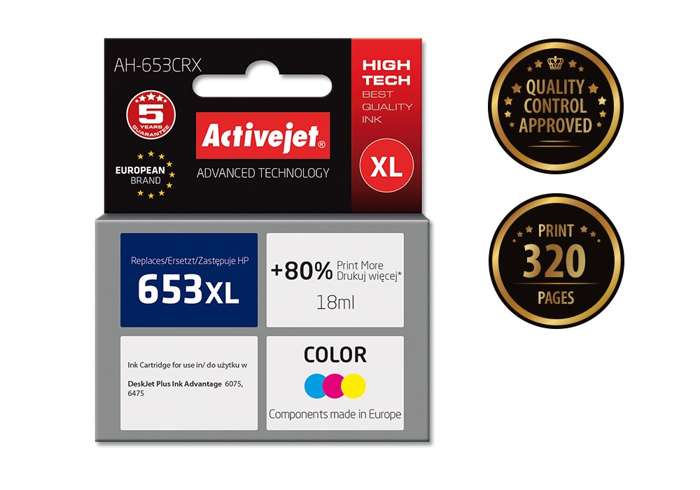 Ngjyrë për printer Activejet AH-653CRX (zëvendësim për HP 653XL 3YM74AE), 18 ml, e kaltër / vjollcë /  e verdhë