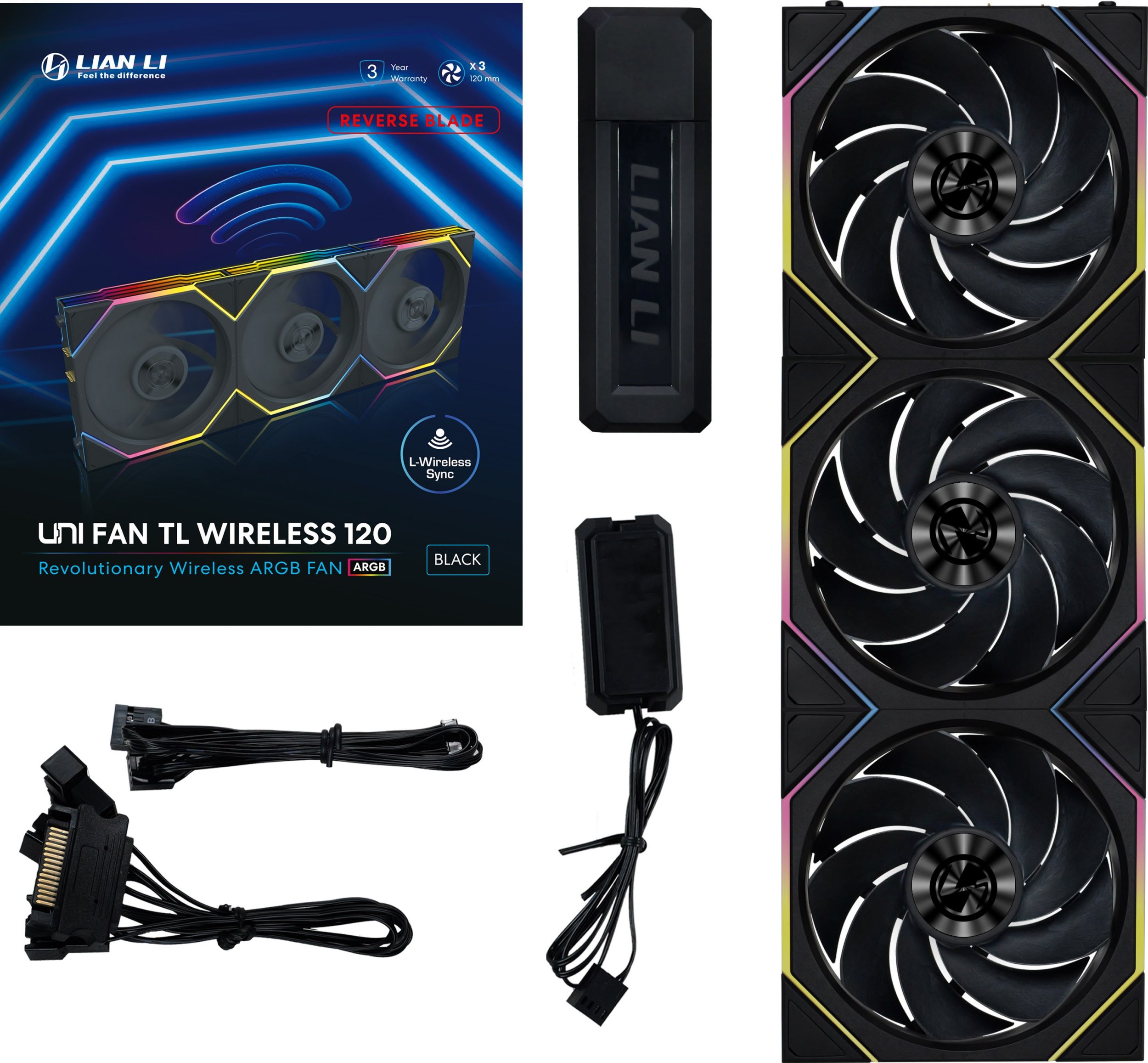 Вентилатор за компјутер Lian Li UNI TL Wireless Reverse Blade, 120mm, ARGB PWM, сет 3 парчиња, црн