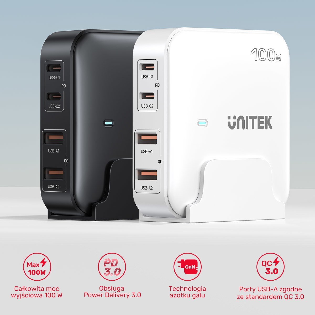 Karikues tavoline Unitek GaN 100W, 2x USB A, 2x USB C, i bardhë