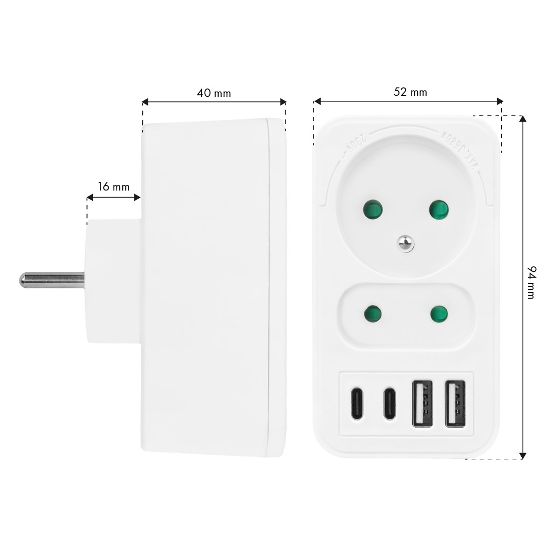 Prizë shumëfishe Maclean MCE249 F/W, 2x220V, 2xUSB A 2xUSB C PD 20W, e bardhë