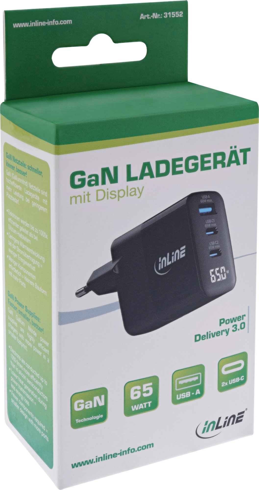 Karikues muri InLine GaN PD 65W, 3 porta USB C USB A, me ekran, i bardhë