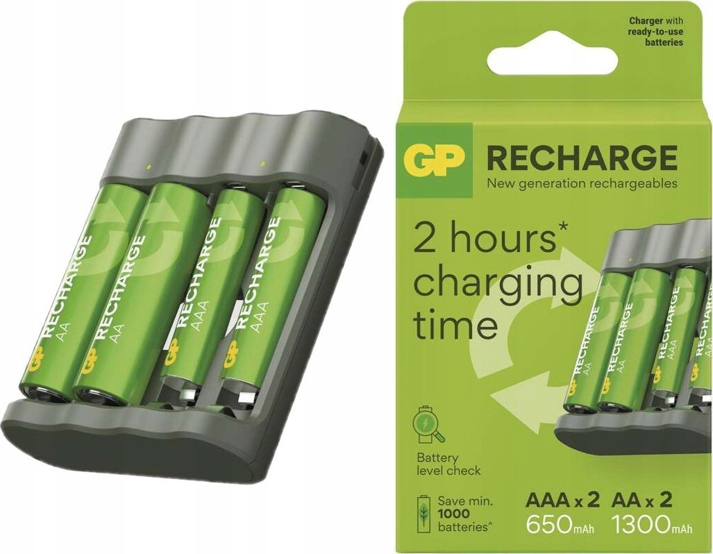 Karikues baterish GP Batteries GP Recharge B441, USB, set me 2x AA 2100mAh dhe 2x AAA 800mAh