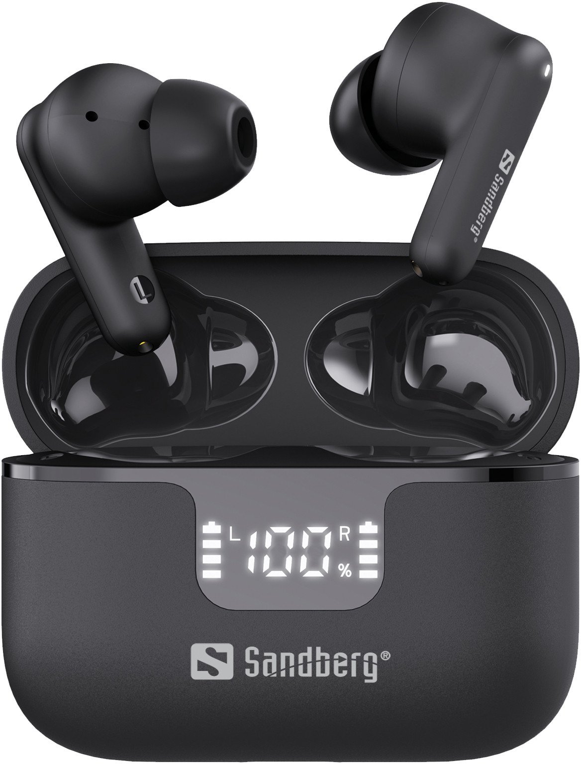 Kufje wireless Sandberg Wireless Earbuds ANC ENC, Bluetooth, me kasë karikimi me ekran, të zeza