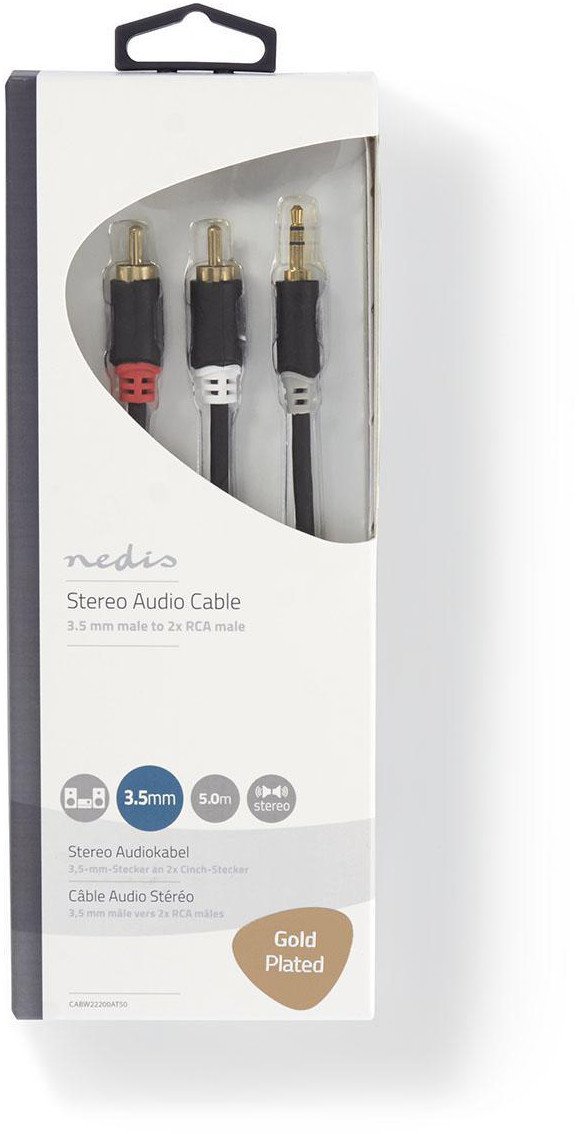 Kabllo audio Nedis Stereo, 3.5 mm mashkull në 2x RCA mashkull, 5 m, antracit